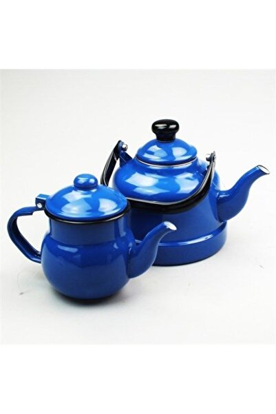Ebru Metal Emaye Nostaljik Küçük Boy Çaydanlık Takımı Mavi Renk