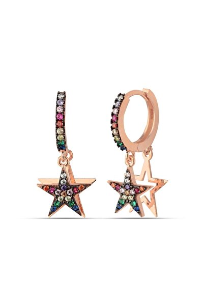 MySilvers Kadın  Renkli Yıldız Halka Rose Küpe