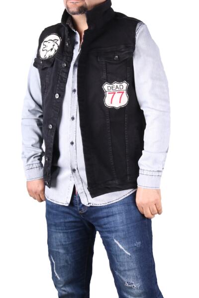 viking's line Erkek Siyah Denim Yelek Arma İşlemli  Yelek