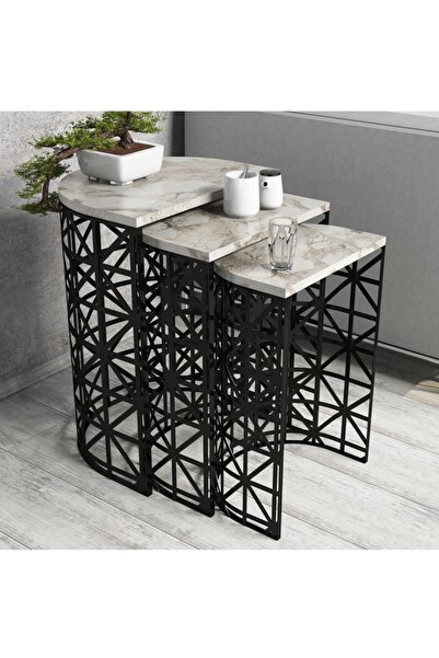 Variant Mobilya Stil Metal Ferforje 3lü Zigon Sehpa - Mermer Beyaz