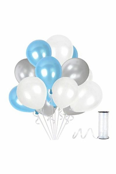 Parti dolabı 15 Silver - White - Blue Metallic Balloons 3-Piece Color - 12