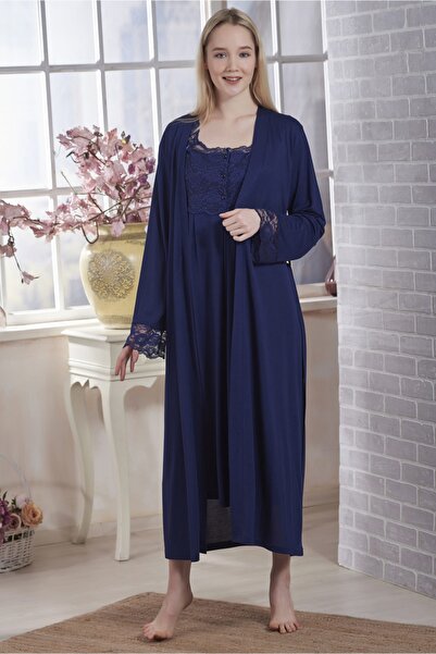 Emose Kadın Sabahlıklı Gecelik Takım Lacivert 4000