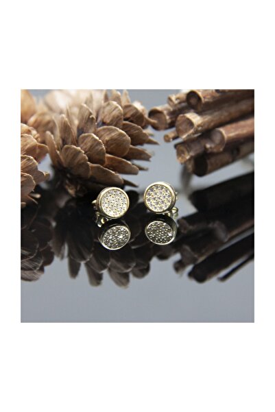 Jewelry For Light ,925 Ayar Gümüş, Zirkon Taşlı, 18 Ayar Altın Kaplama, Yuvarlak, Pimli Küpe