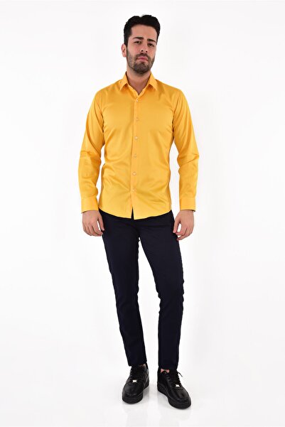 VERSANTE Erkek Sarı Düz Pamuk Saten Slim Fit Gömlek