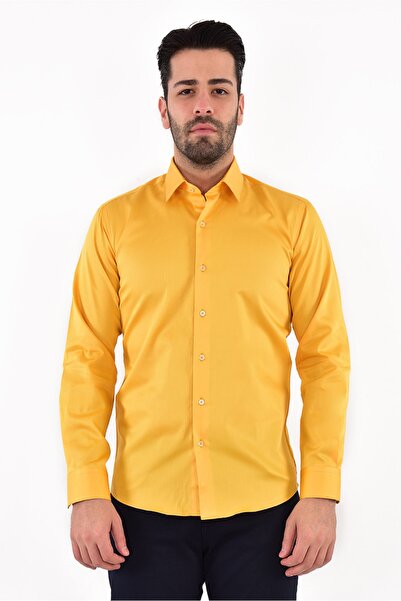 VERSANTE Erkek Sarı Düz Pamuk Saten Slim Fit Gömlek