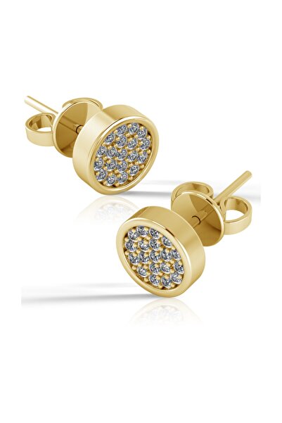 Jewelry For Light ,925 Ayar Gümüş, Zirkon Taşlı, 18 Ayar Altın Kaplama, Yuvarlak, Pimli Küpe