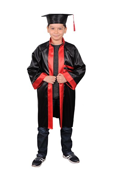 Mezuniyetshop Kep Cübbe Anaokul Siyah Kırmızı Ön Biyeli