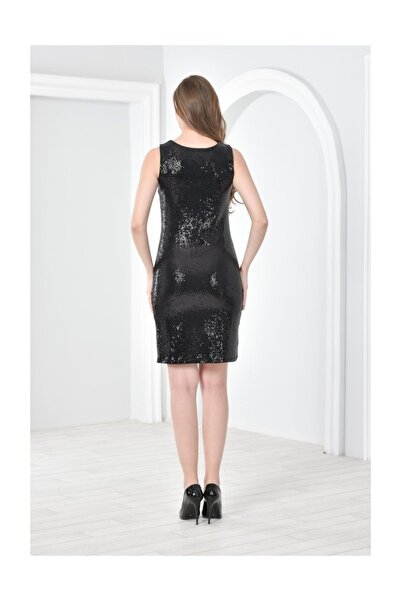 Seamoda Kadın V Yaka Kolsuz Parlak Nokta Baskılı Elbise Siyah