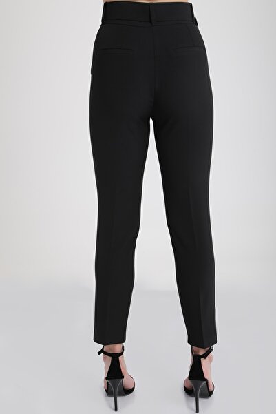 MD trend Women's Black Belted Pocket Fabric Trousers Mtrn4242