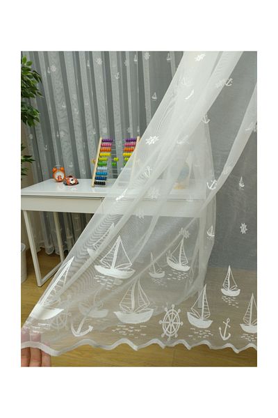 Esse Home Sailing Anchor Patterned Children's Room Tulle Curtain 150x260 cm Sparse Pleat, 1/2