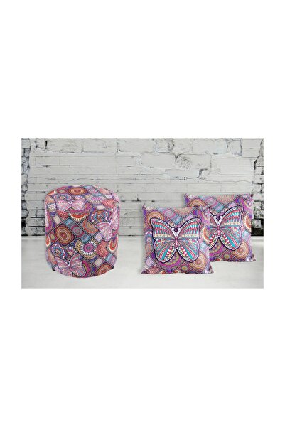 Armi Puf Kelebekli Mandala Desenli  Yuvarlak Puf 2 Kırlent Kılıfı