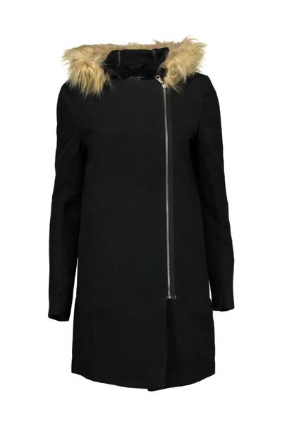 Collezione Siyah Kapişonu Kürklü Yan Fermuarlı Kaşe Kadın Kaban