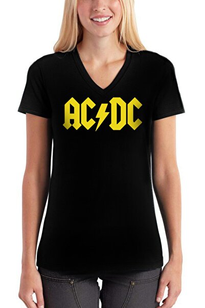 ROCKANDROLL Tricou negru pentru femei cu mânecă scurtă cu decolteu în V ACDC