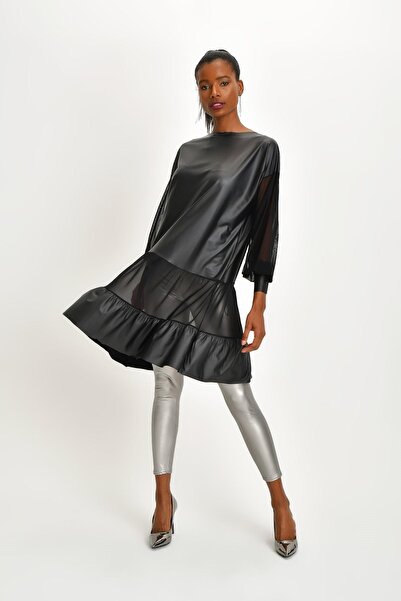 Quincey Γυναικείο μαύρο δερμάτινο φόρεμα τουνίκ