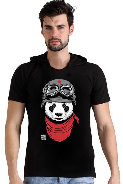 ROCKANDROLL Bandanalı Panda Siyah Kapşonlu Kısa Kollu Erkek T-shirt
