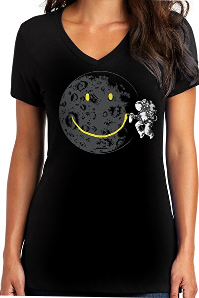 ROCKANDROLL Gratifitici Astronot Siyah V Yaka Kısa Kollu Kadın T-shirt