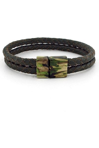 Solfera Military Camouflage Metal Magnet Green Leather Men's Bracelet Bt648