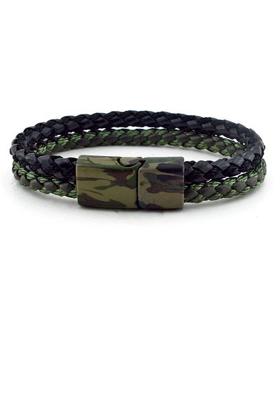 Solfera Green Black Leather Men's Bracelet - Military Camouflage Pattern Bt645
