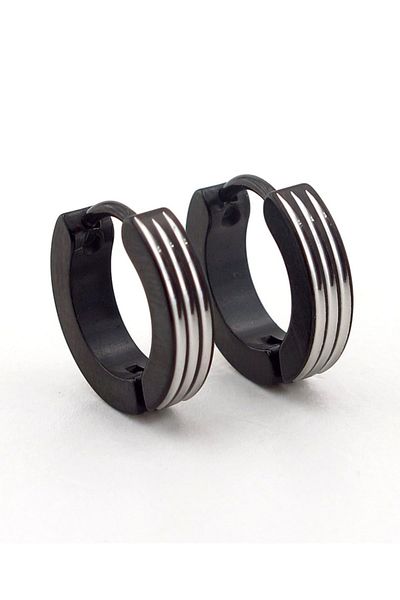 Solfera Men's Earrings E658 - Black Color, Steel Ring, Three Lines