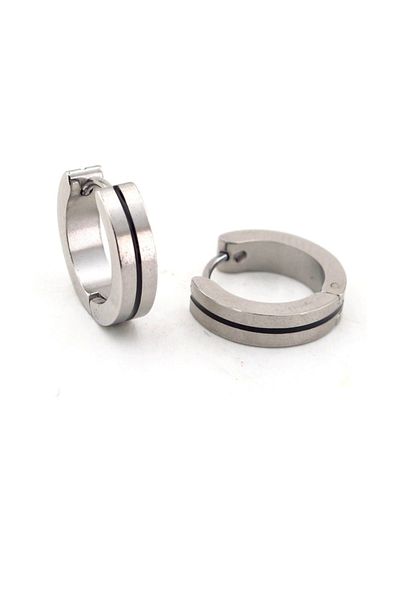 Solfera Men's Earrings E702 - Black Single Striped Stainless Steel Hoop