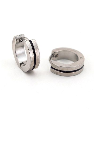 Solfera Black Striped Silver Color Steel Men's Hoop Earrings E712