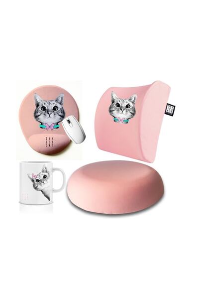 Officeküp 4'lü Set: Visco Bel Destek Yastığı + Oturma Minderi +  Mousepad & K...