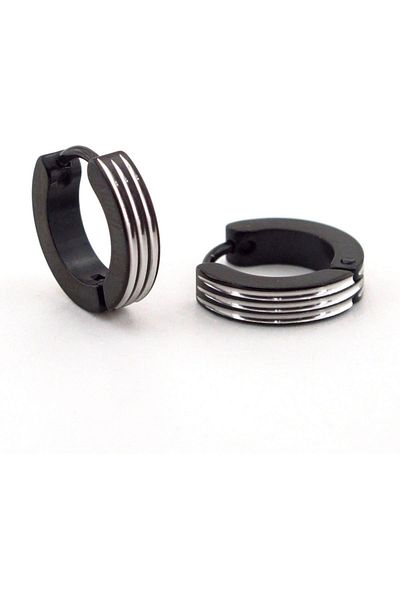 Solfera Men's Earrings E658 - Black Color, Steel Ring, Three Lines