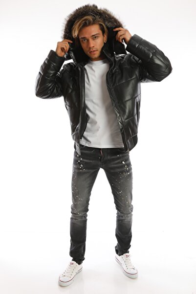 nero leather fur Men's Hooded Inflatable Genuine Leather Coat