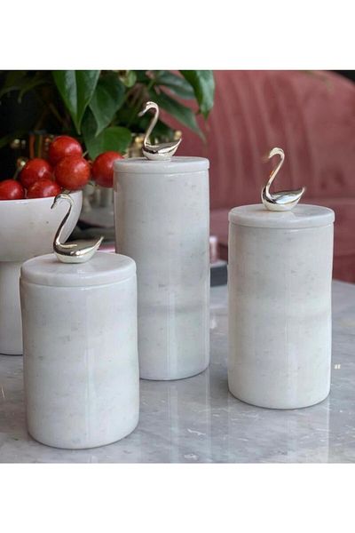 mar&more Swan Handle White Marble Box with Lid - Set of 3