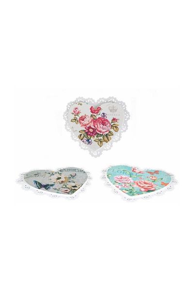 Ün-Ev 3-Piece Wooden Heart Flower Patterned Trivet