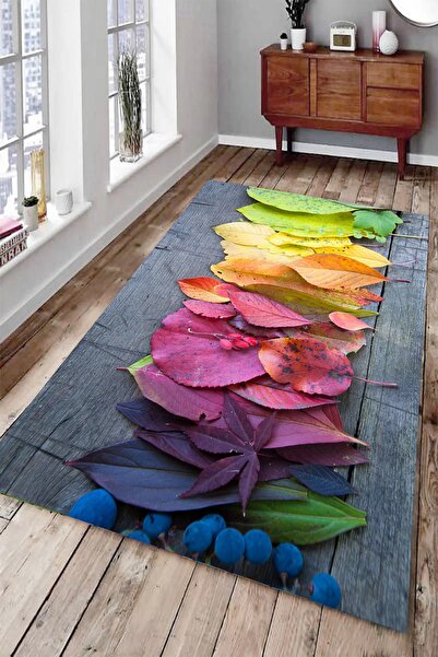 Resmiro Soft Renkli Yaprak Elementleri Dijital Baskılı Halı : 80 x 500 cm