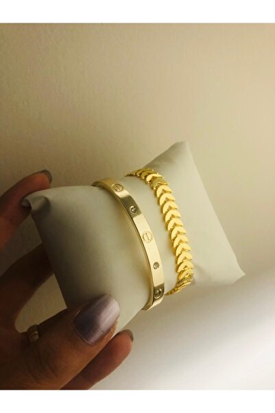 bioaksesuar Kadın Gold Renk Kararmaz Çelik Zirkon Taşlı Kombin Bileklik