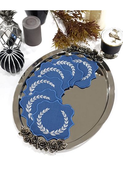 Tanem Home Wreath Pattern Silver Embroidered Coasters, Cocktail Presentation Napkin 15x15 Cm