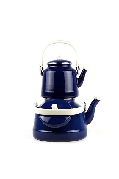 ALEV Enamel Vintage Navy Blue Teapot Set Top Handle Double Lid