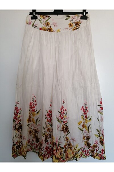 Butik Tülin Otantik Pamuk Kemik Çiçekli El Işi Pul Nakışlı Hint Etek