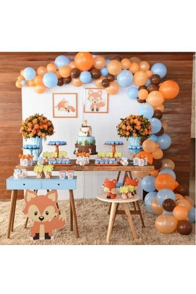 MERİ PARTİ 100 Pieces Balloon And Balloon Chain Orange Brown Blue Balloon Fox Concept Party