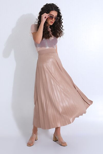 Essah Moda Kadın Bej Beli Lastikli Deri Görünümlü Piliseli Uzun Etek - Me000371