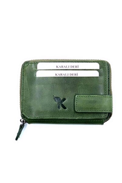 Karalı Deri Yeşil Hakiki Crazy Deri Fermuarlı Kartlıklı Para Bölmeli Hakiki Deri Cüzdan