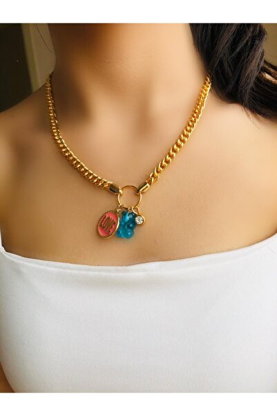 bioaksesuar Kadın Gold Renk Kararmaz Çelik Jelibon Figürlü Kolye