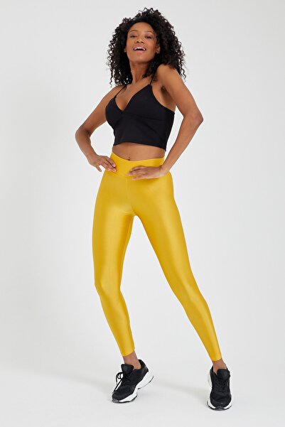 MRS.MODA Kadın Hardal Belden Toparlayıcı Parlak Disco Tayt