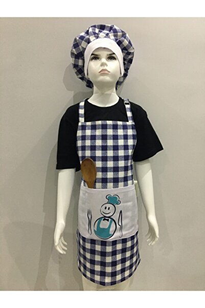 Adalilar Παιδική στολή μαγειρικής Ζαρτιέρες Ποδιά κουζίνας Καπάκι Νηπιαγωγείο Παιδική Στολή Νηπιαγωγείου (μπλε καρό)