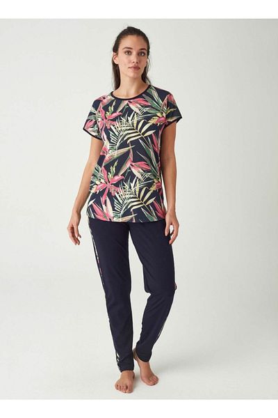 Mod Collection Women's Navy Blue Tropical Pattern Pajama Set