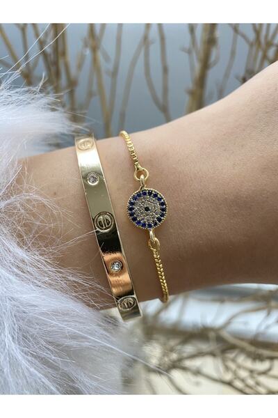 Jenny Daphne Kadın Gold Renk 2 Li Kombin Bileklik Seti Renk Atmaz Altın Kapla...