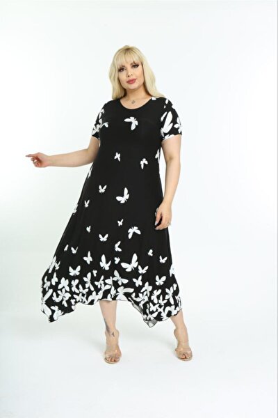 Mezura Plus Size Women's Relaxed Cut Patterned Short Sleeve Asymmetrical Viscose Combed Cotton Dress