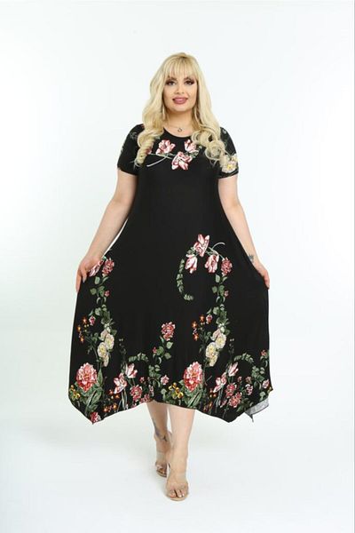 Mezura Plus Size Women's Relaxed Cut Patterned Short Sleeve Asymmetrical Viscose Combed Cotton Dress