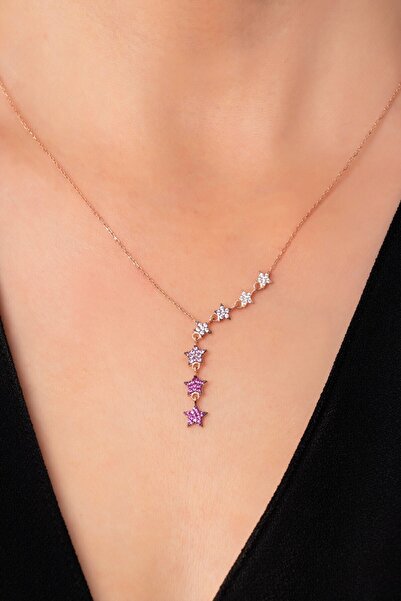 Bilsen Store 925 Ayar Gümüş Zincirli Rose Kaplama Kızıl Renk Geçişli Sıralı Yıldız Kolye