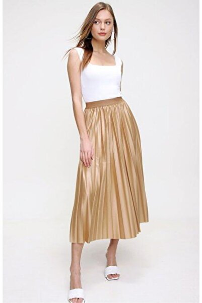 Nacar Kadın Bej Deri Görünümlü Piliseli Etek