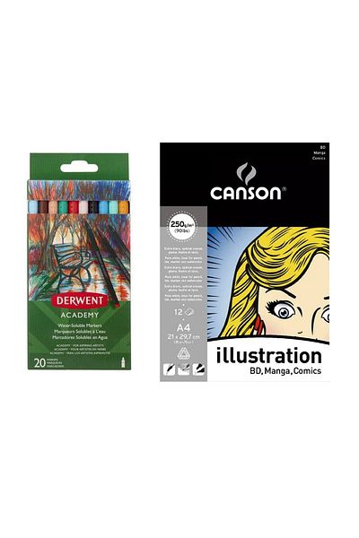 GLANCE Canson Manga A4 Notebook Academy Water Soluble Marker 20 Color Felted Pen Set