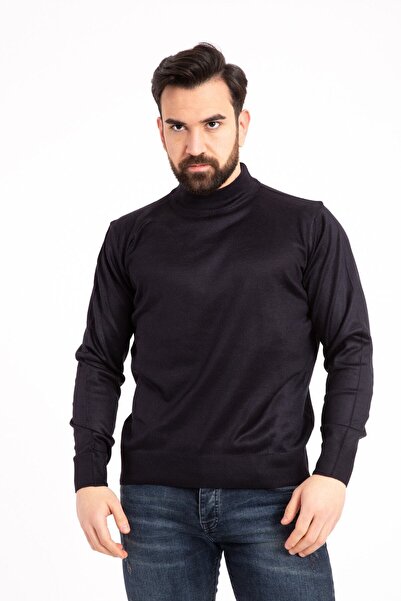 NACAR STORE Men's Navy Blue Thin Wool Half Turtle Knitwear Sweater