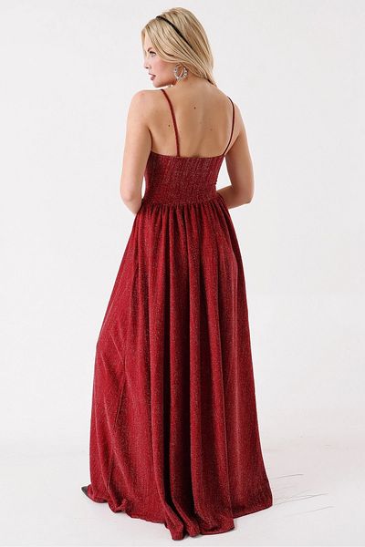 vuvutasarım Rochie de seara lunga bordeaux - bretele subtiri, detaliu cu fanta, stofa stralucitoare Emr-022